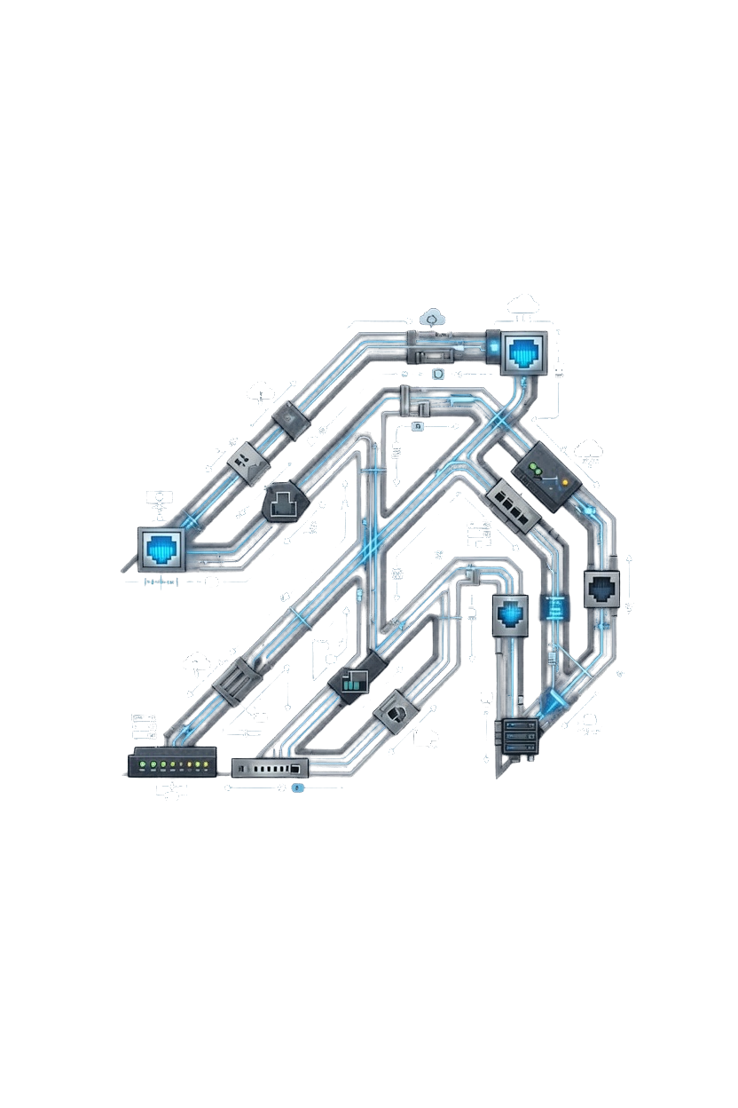 DynaLake mark composed of networking infrastructure — routers, switches, servers and cloud nodes